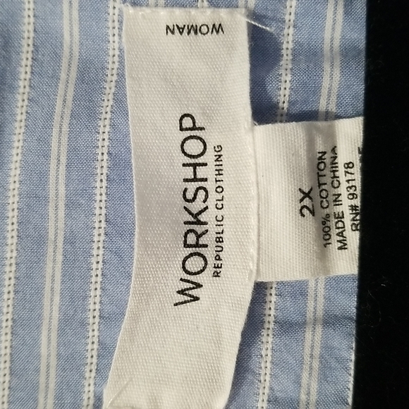 Blue Striped Cotton Button Down Blouse, 2X - Picture 2 of 6